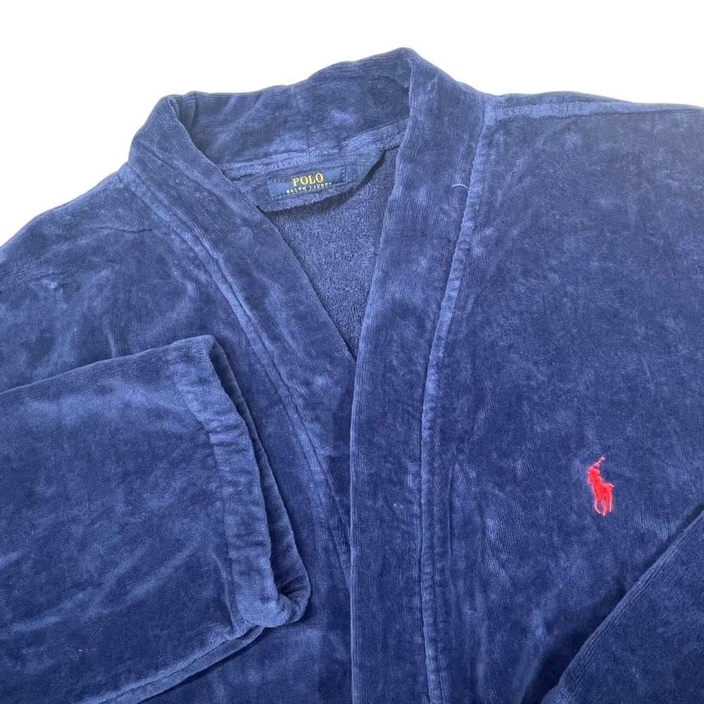 Polo Ralph Lauren Terry Cloth Belted Bathrobe Men's S/M Navy Blue Pony Logo - Picture 1 of 14
